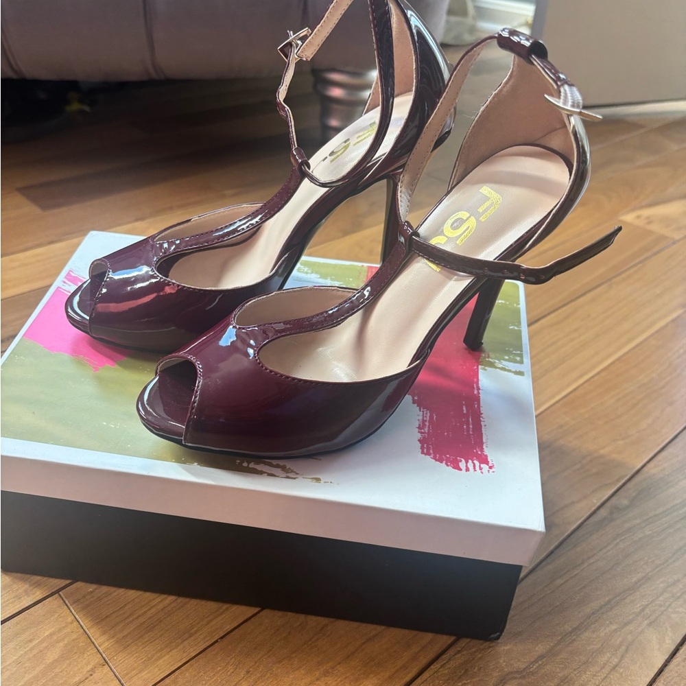 FSJ Elegant Burgundy Peep-Toe Heels